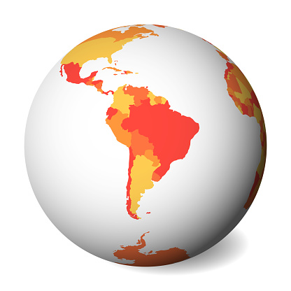 Blank political map of South America. 3D Earth globe with orange map. Vector illustration.