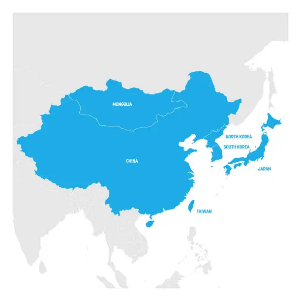 Vector illustration of East Asia Region. Map of countries in eastern Asia. Vector illustration