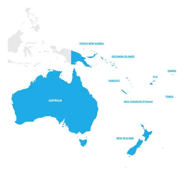 Vector illustration of Australia and Oceania Region. Map of countries in South Pacific Ocean. Vector illustration