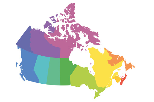 Map of Canada divided into 10 provinces and 3 territories. Administrative regions of Canada. Blank multicolored map. Vector illustration.