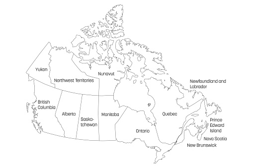 Map of Canada divided into 10 provinces and 3 territories. Administrative regions of Canada. White map with black outline and black region name labels. Vector illustration.