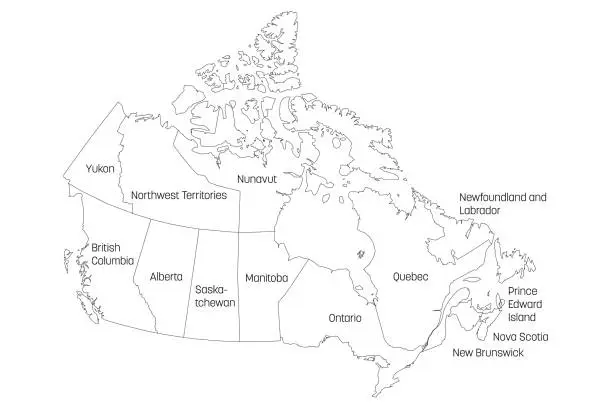 Vector illustration of Map of Canada divided into 10 provinces and 3 territories. Administrative regions of Canada. White map with black outline and black region name labels. Vector illustration