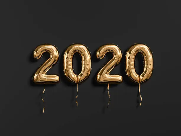 New year 2020 celebration. Gold foil balloons numeral 2019 and on black wall background. 3D rendering