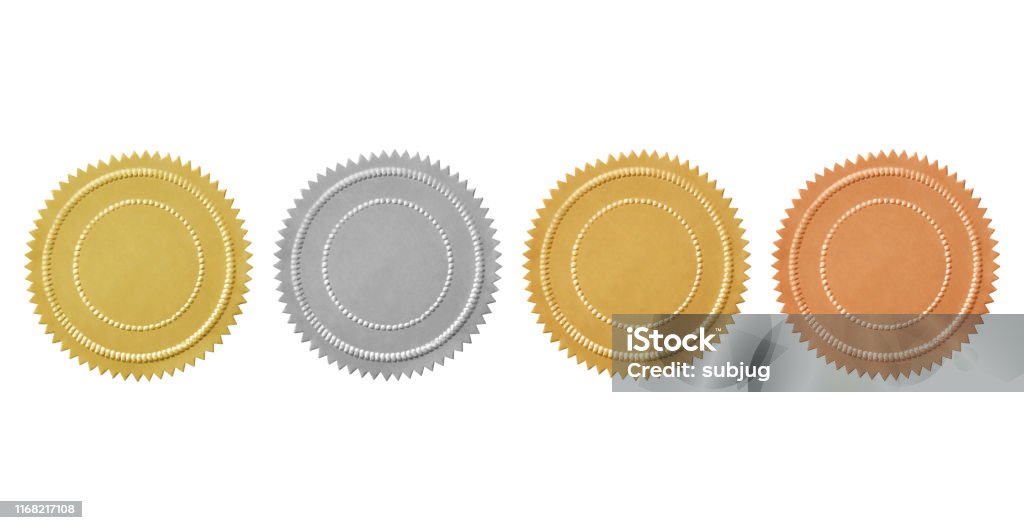 Vintage Seals Variation Gold, Silver and Copper Vintage Seals isolated on white background Certificate Stock Photo