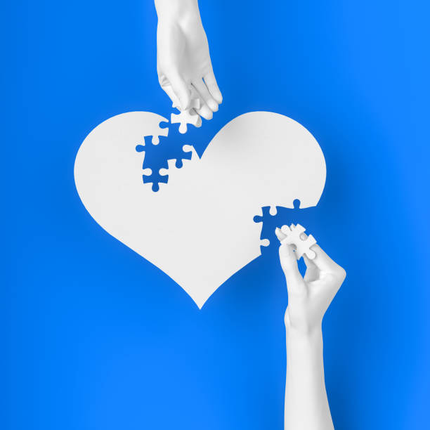 creating a family, heart shape love concept, relationship building between man and woman, charity, collect the heart in pieces. 3d illustration - recreate imagens e fotografias de stock