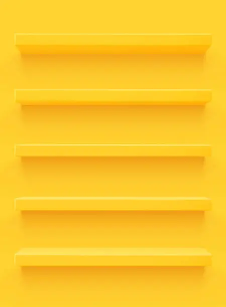 Vector illustration of Yellow 3d shelf on the wall. Wooden horizontal realistic empty shelf