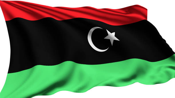 bandiera della libia con struttura in tessuto al vento - libyan flag foto e immagini stock