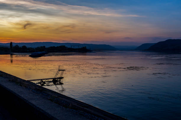 Danube River beautiful blue hour view near Kladovo Marina with an old neglected diving platform, in Kladovo , Serbia