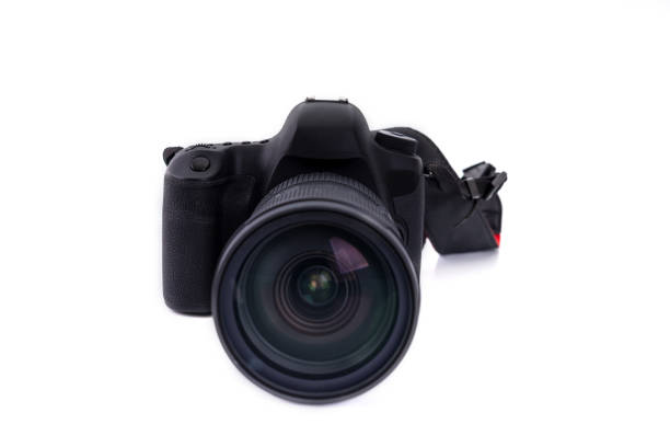 istock Black DSLR camera isolated on white background 1168220993