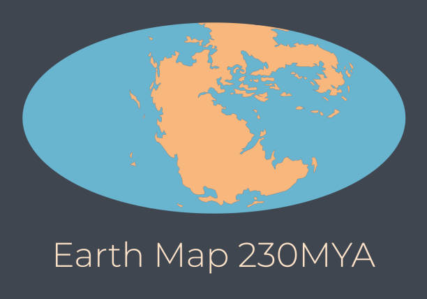 illustrazioni stock, clip art, cartoni animati e icone di tendenza di mappa della terra 230mya. illustrazione vettoriale della mappa terrestre con continenti arancioni e oceani blu isolati su sfondo grigio scuro. proiezione. mappa del mondo preistorica. elemento per il tuo design - continents globe continent tectonic