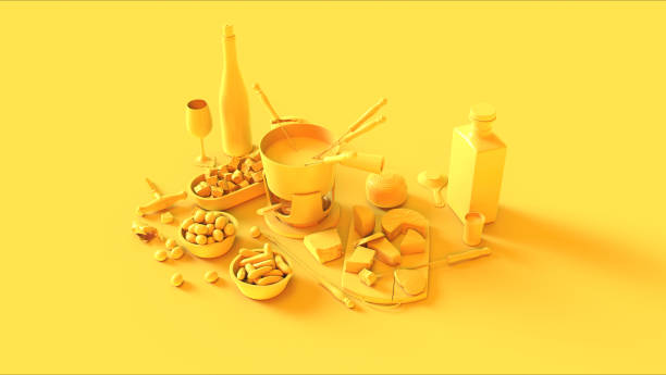 vin jaune de fondue de pot de pot une bouteille en verre avec un fromage de verres de liège et de vin un couteau d'or de pain et bol d'olives de fourchette - wine bottle fork wine cork photos et images de collection