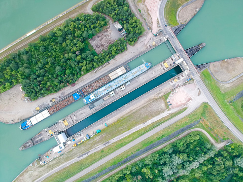 An image of a flight over ship sluice at river Rhine