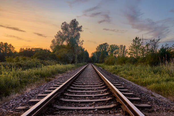 Train tracks infront of beautiful nature and the sunset in Rastatt, Germany Railway infront of grass fields, trees and sunset sky in Rastatt, Baden-Württemberg (Germany) track stock pictures, royalty-free photos & images
