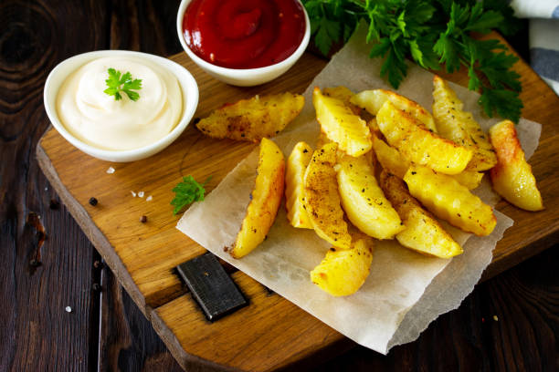 patatas fritas sabrosas caseras en tabla de cortar con mayonesa y con ketchup, sobre fondo de mesa de madera. - 18809 fotografías e imágenes de stock