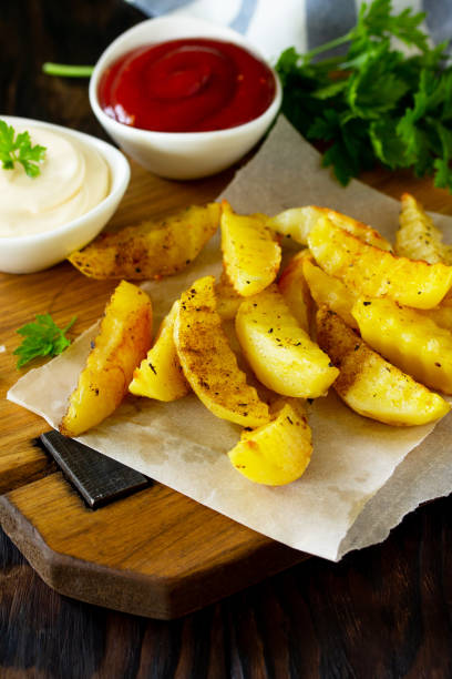 hausgemachte leckere pommes frites auf schneidebrett mit mayonnaise und mit ketchup, auf holztischhintergrund. platz für text. - 18813 stock-fotos und bilder