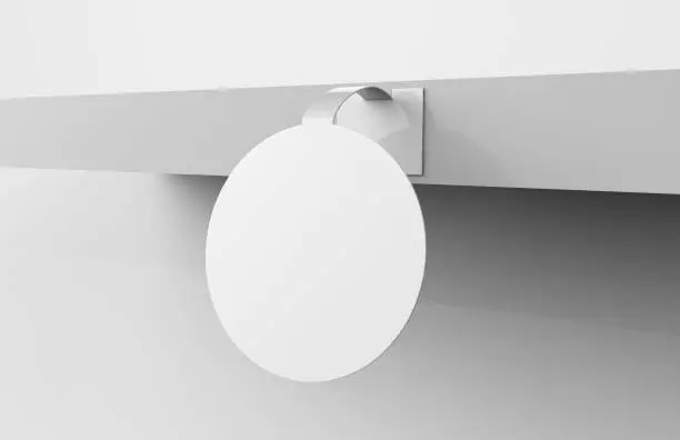 Photo of Blank White Advertising PVC shelf wobbler plastic shelf dangler for shopping centers. 3d illustration.