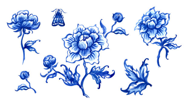 ilustrações, clipart, desenhos animados e ícones de peonies azuis, ilustração da aguarela no estilo oriental ou holandês - china pattern chinese culture paintings