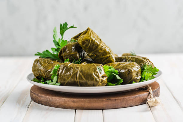 delicious stuffed grape leaves (traditional doom mediterranean cuisine dolma) on a black plate with fresh cilantro and dill - dolmades imagens e fotografias de stock