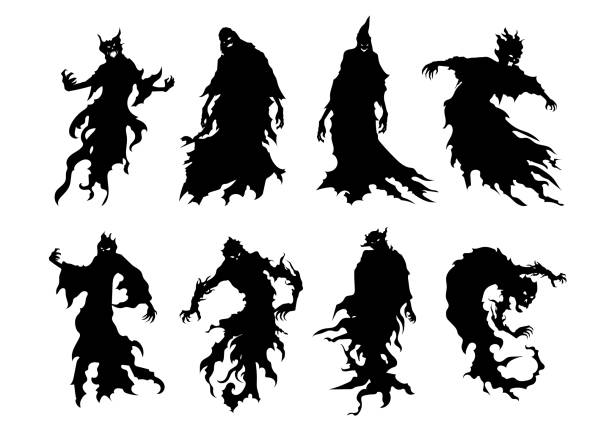 ilustrações, clipart, desenhos animados e ícones de silhueta do espírito mau do vôo na coleção do estilo do vetor isolada no branco. - monster