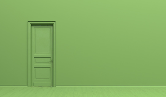 El interior de la habitación en color verde monocromo liso con una sola puerta. Fondo verde con espacio de copia. Ilustración de renderizado 3D. photo