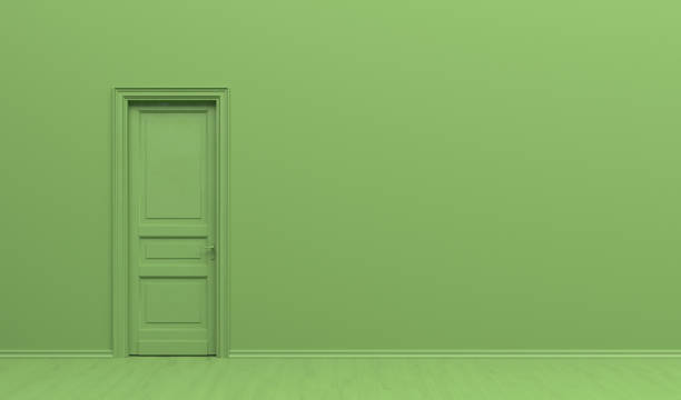 l'intérieur de la chambre en couleur vert monochrome uni avec porte simple. fond vert avec l'espace de copie. illustration de rendu 3d. - close color photos et images de collection