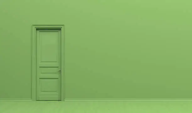 Photo of The interior of the room  in plain monochrome green color with single door. Green background with copy space. 3D rendering illustration.