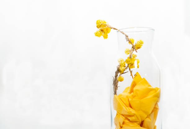 glass bottle and yellow flower