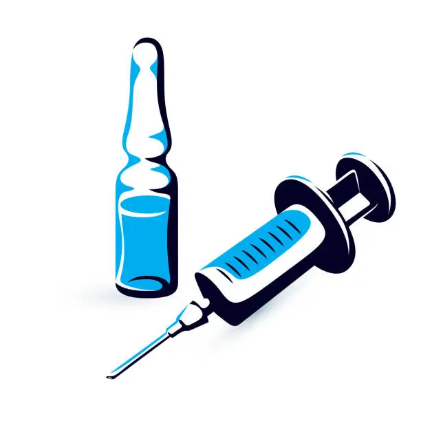 Vector illustration of Vector graphic illustration of plastic disposable syringe for medical injections and ampoule with medicine. Antivirus vaccination concept.