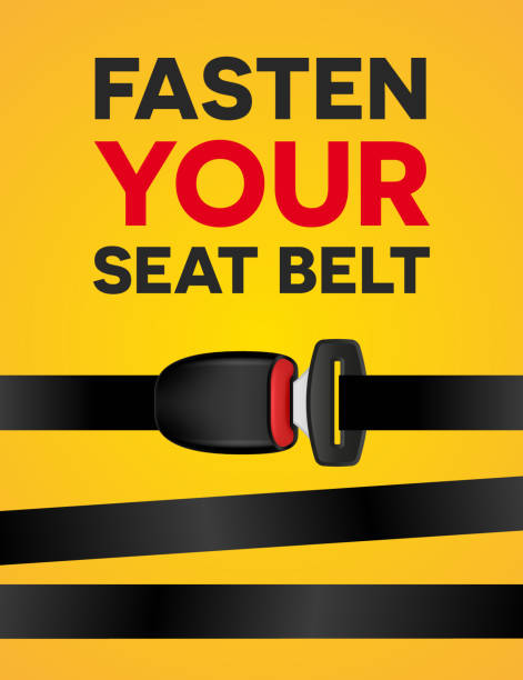 ilustrações, clipart, desenhos animados e ícones de aperte o seu cinto de segurança-cartaz tipografia social. vector a bandeira realística criativa do desengate seguro no fundo amarelo. - warning sign seat belt