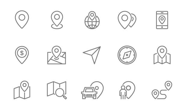 Set of route and navigation line icons. Map pointer, gps, compass, parking pin, direction and more. Set of route and navigation line icons. Map pointer, gps, compass, parking pin, direction and more. Isolated on white background map pin icon illustrations stock illustrations