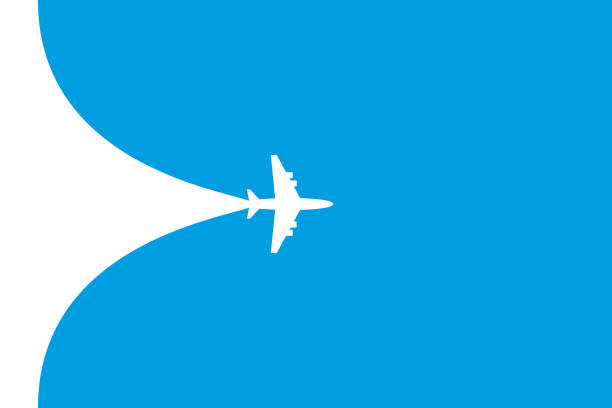 青い背景に白い平面記号。飛行機の飛行経路バナー - 飛行機点のイラスト素材／クリップアート素材／マンガ素材／アイコン素材