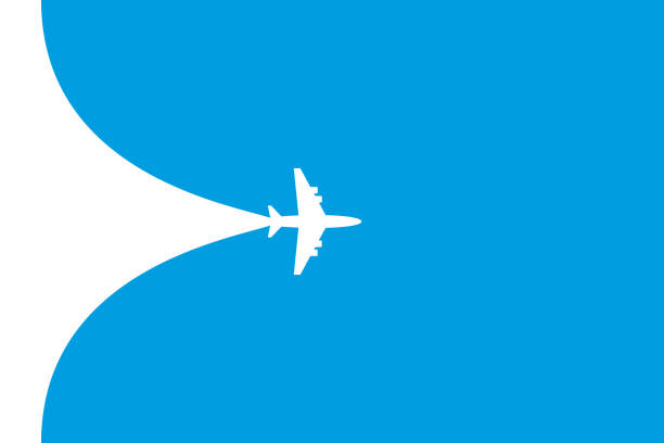 White plane symbol on a blue background. Airplane flight path banner Vector illustration flat design of white plane symbol isolated on a blue background. Airplane flight path banner cartoon of the saying goodbye stock illustrations