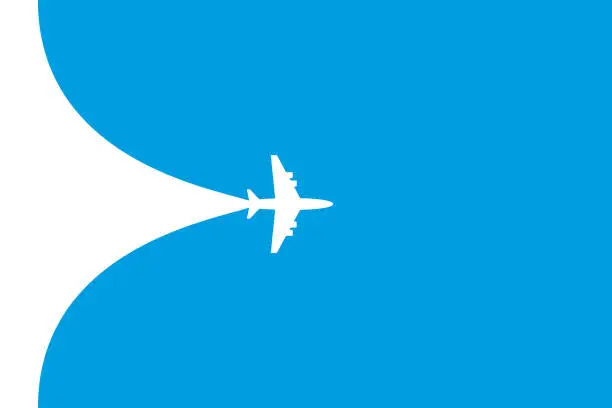 Vector illustration of White plane symbol on a blue background. Airplane flight path banner