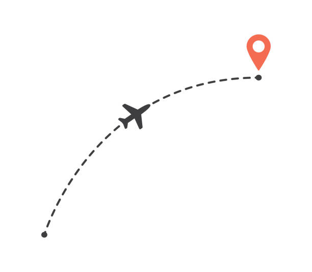 ilustraciones, imágenes clip art, dibujos animados e iconos de stock de vuelo de aeronaves un camino curvo a la marca de ubicación. línea de ruta de plano. turismo e ilustración de viajes. - jet