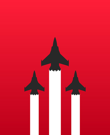Vector illustration flat design of three military fighter jets with white trails on red background. Aircraft show vector illustration