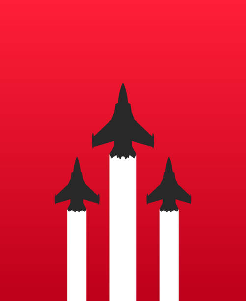 Three military fighter jets with white trails on red background. Aircraft show vector illustration Vector illustration flat design of three military fighter jets with white trails on red background. Aircraft show vector illustration air show stock illustrations