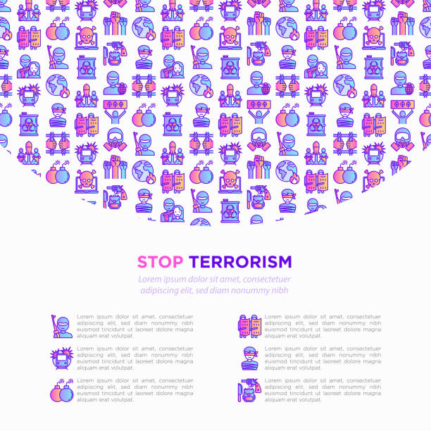 остановить терроризм концепции с тонкой линии иконы: террористические, гражданские беспорядки, национальная армия, кибератаки, самоубийст - computer icon symbol knife terrorism stock illustrations