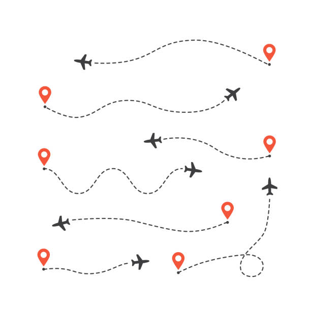 ilustraciones, imágenes clip art, dibujos animados e iconos de stock de conjunto de diferentes rutas de aviones. líneas de ruta de plano. ruta de seguimiento de aeronaves - map square shape usa global communications
