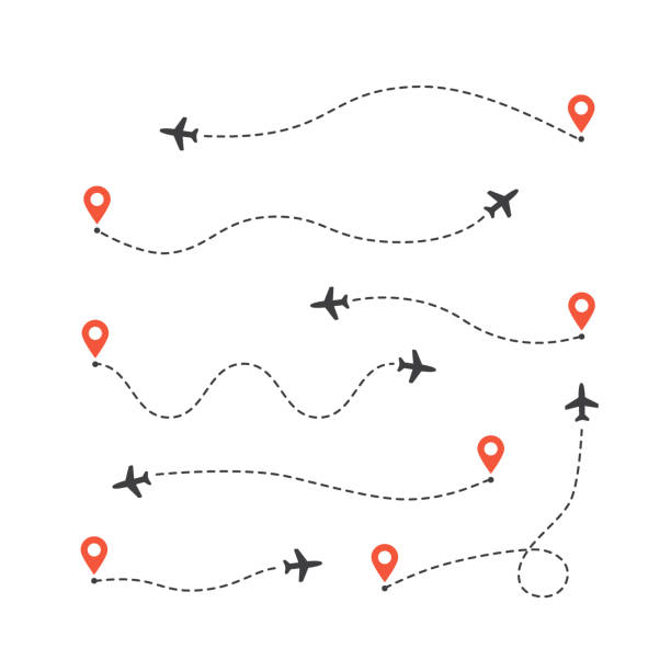 zestaw różnych tras samolotów. linie trasy płaszczyzny. ścieżka śledzenia samolotów - compass travel symbol planning stock illustrations