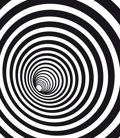 Vector illustration flat design of abstract geometric hypnotic spiral. Black wormhole tunnel optical illusion.