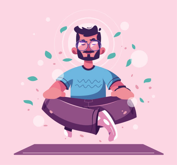 medytacja korzyści zdrowotne dla ciała, umysłu i emocji. ilustracja wektorowa z kreskówek - characters concentration relaxation happiness stock illustrations