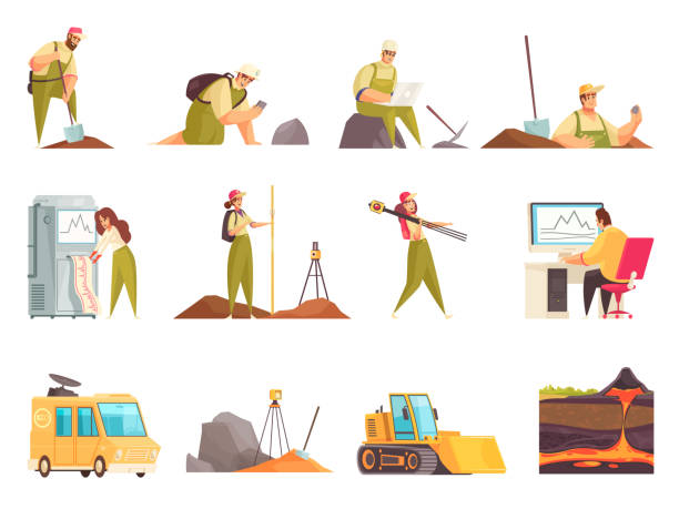 Geologist Flat Icon Set Geologist set of isolated flat doodle style icons and images with geology workers equipment and transport vector illustration geologist stock illustrations