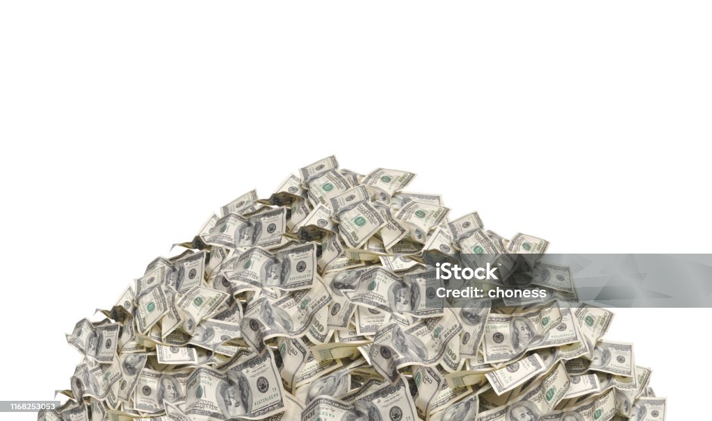 Pila con banconote americane da cento dollari isolate su sfondo bianco - Foto stock royalty-free di Catasta