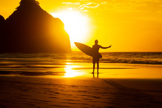 silhueta de um surfista no por do sol em fernando de noronha brasil - surfing sunlight wave sand - fotografias e filmes do acervo