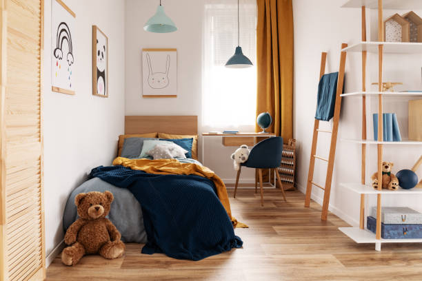 Multifunctional bedroom and workspace interior with bed and desk Multifunctional bedroom and workspace interior with bed and desk child art people contemporary stock pictures, royalty-free photos & images