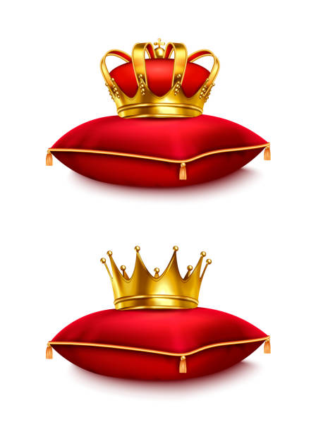 Crowns On Pillow Realistic Set Two golden crowns on red ceremonial pillows isolated on white background realistic vector illustration king crown stock illustrations
