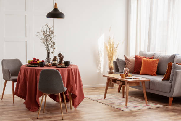 istock Living and dining room interior with grey, white and ginger design 1168258740