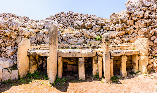 Altars in one of the rooms of the ancient megalithic temple of Gigantija, Xaghra, Gozo, Malta.  It is believed that animal sacrifices were made here due to the number of bones found at the site.