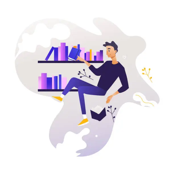 Vector illustration of Young boy flying surrounded by books and shelves - studying and analysis of data theme.