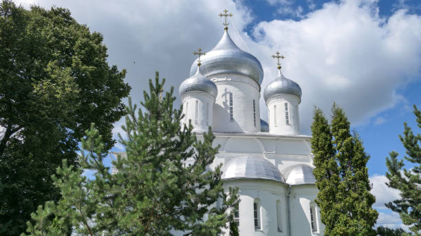 torres blancas del famoso monasterio ortodoxo nikitsky bajo el cielo azul nublado en verano - plescheevo fotografías e imágenes de stock